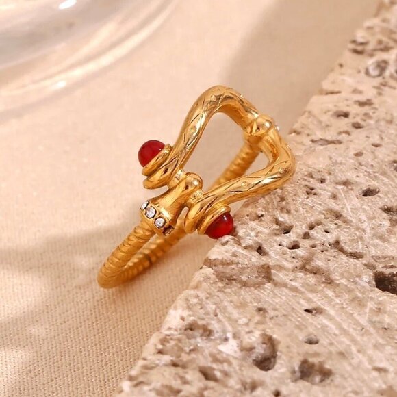 NWT Buckle Ring Sz.8 18K Gold Plated Red Zircon CZ Detail Boho Western - Picture 8 of 10